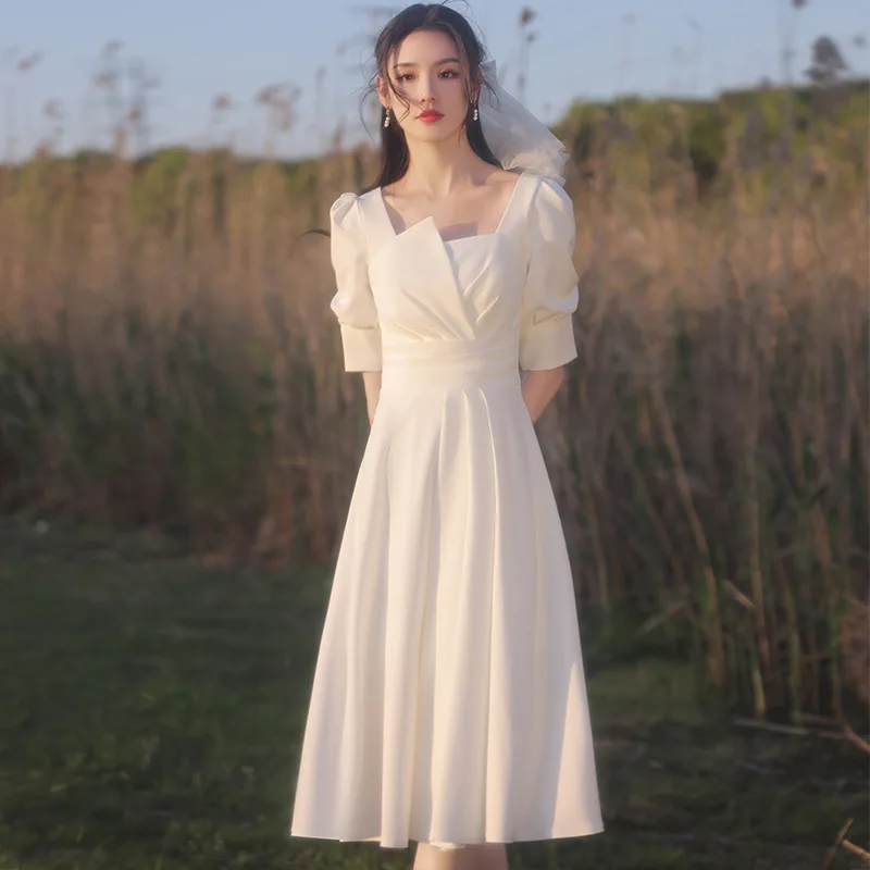 

White Women Satin Evening Dress Sexy Strapless Pleated Dresses Mid-Length Bride Wedding Banquet Prom Gown Skirt Robe De Soiree