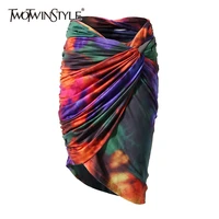 twotwinstyle tie dye bodycon skirt for women high waist ruched slim fit color skirts female fashion new clothing 2021 summer