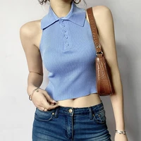 2021 women summer casual stretch tank tops stylish solid color backless halter buttons lapel slim fit wild knitted cropped vest
