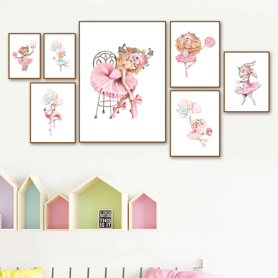 Pink Girl Bear Flamingo Rabbit Cat Balloon Wall Art Canvas Painting Nordic Posters And Prints Pictures Baby Kids Room Decor | Дом и сад