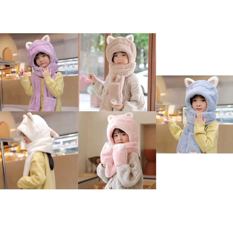 

03KD Winter Warm Baby Kids Hat Gloves Scarf Combo Cute Cartoon Imitation Cashmere Ear Protection Beanie Collar Wamer Mittens