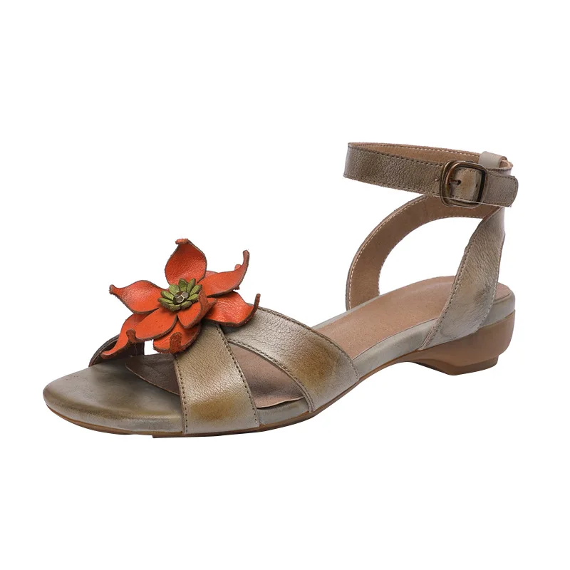 

YourSeason Women Flower Retro Sandals Genuine Leather 2020 New Casual Sewing Handmade Ladies Summer Buckle Strap Shoes Flat With