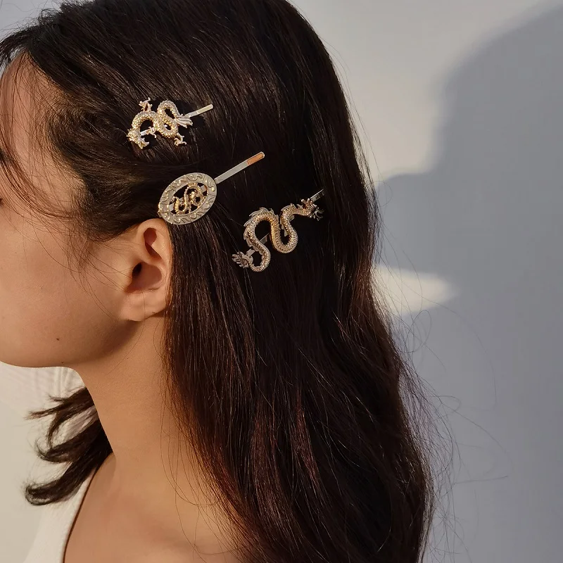 

European And American Trend Chinese Style Dragon-shaped Suit Hairpin Personality Geometric Hollow Side Clip Word Clip Female