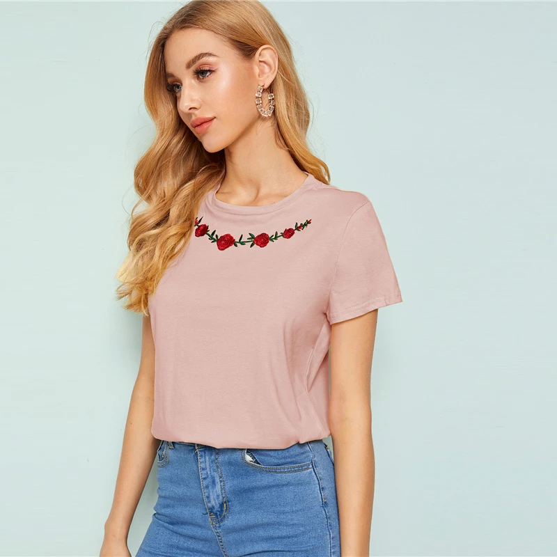 SHEIN женская футболка с вышитым цветочным принтом, женская одежда, топы, Повседневная летняя футболка с круглым вырезом и коротким рукавом