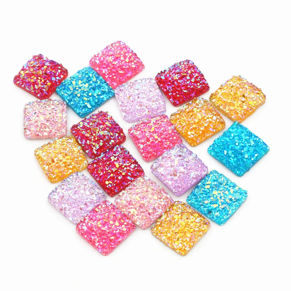 New Style 40pcs 12mm Square Mix Colors Druzy Natural Stone Convex Flat back Resin Cabochons Jewelry Accessories Supplies | Украшения и