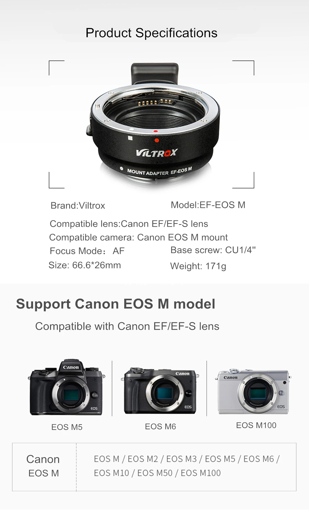 Электронный адаптер для объектива Viltrox EF-EOSM с автофокусом для объектива Canon EOS EF EF-S для камеры EOS M EF-M M2 M3 M5 M6 M10 M50 M100