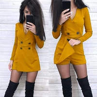 solid v neck long sleeve womens playsuit front split double breasted wide leg short jumpsuit women summer skinny casual romper