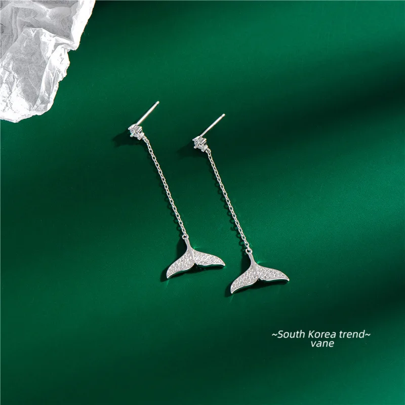 

Real 925 Sterling Silver Mermaid Tassel Drop Earrings Dainty Zircon Tail Long Earring Fine Jewelry for Women