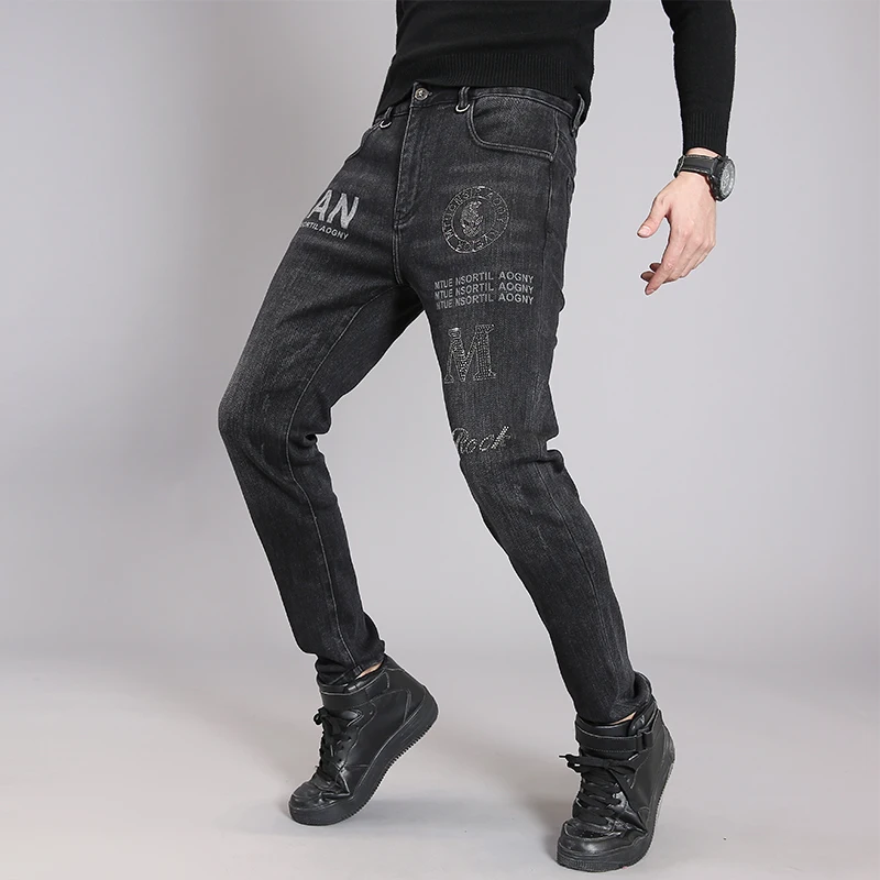 

Men's Black Hot Diamond Print Straight Jeans Classic Stretch Denim Trousers Men Comfortable Male Clothing Vingate Pantalon Homme