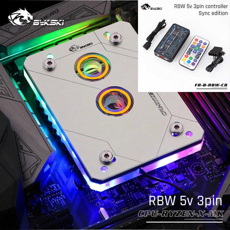 Silver-RBW with CON Bykski cpu-RYZEN-X-MK RyzenAM3/AM3+/AM4 cpu водяные блоки, RBW система освещения, микроводный блок водяного охлаждения - Цвет лезвия: Silver-RBW with CON