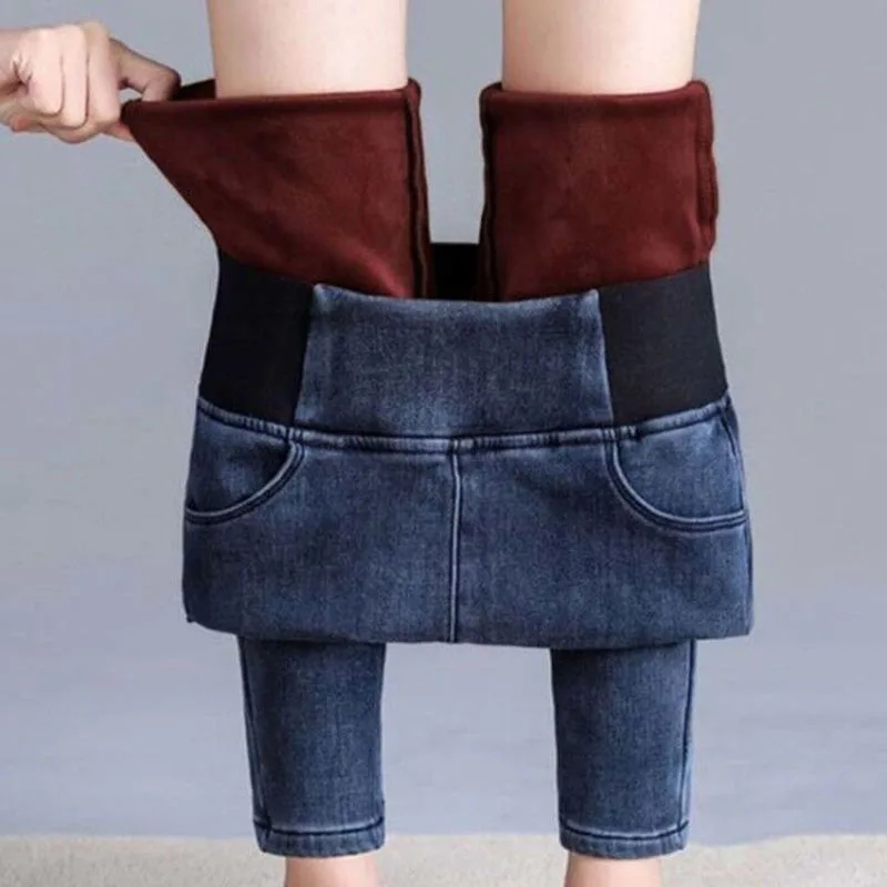 

Plus Size 38 Velvet Pencil Jeans Women Skinny Denim Trousers Elastic Waist Thicking Leggings Jeans Autumn Winter Stretch Pants