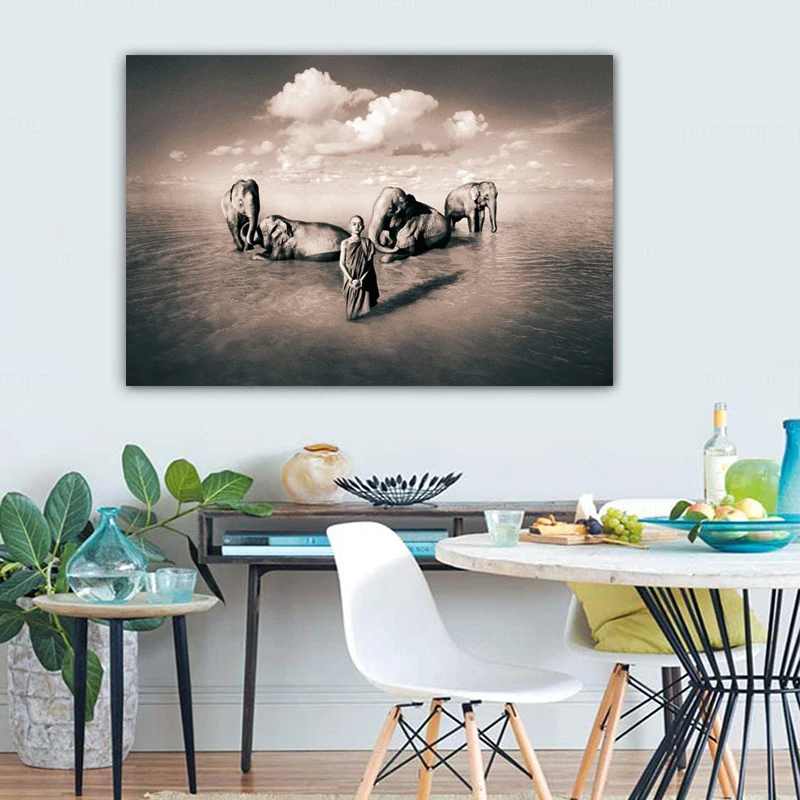 Будда человек и нутива Зен слон религия искусство холст живопись Настенная