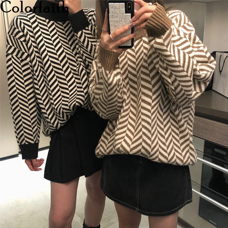 

Colorfaith New 2021 Autumn Winter Women's Sweaters Turtleneck Pullover Striped Warm Oversize Korean Vintage Lady Tops SW7793
