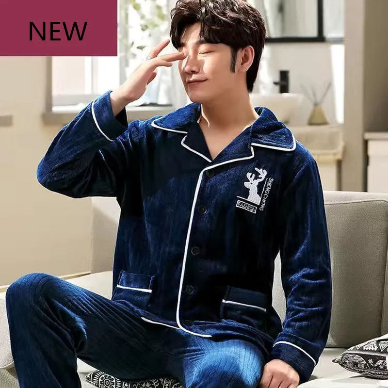 Winter Pajamas Set Casual PJS For Man Cartoon Warm Long Homewear Men's Flannel Thick Pajama Fashion Clothes Big Size 2PCS/SET