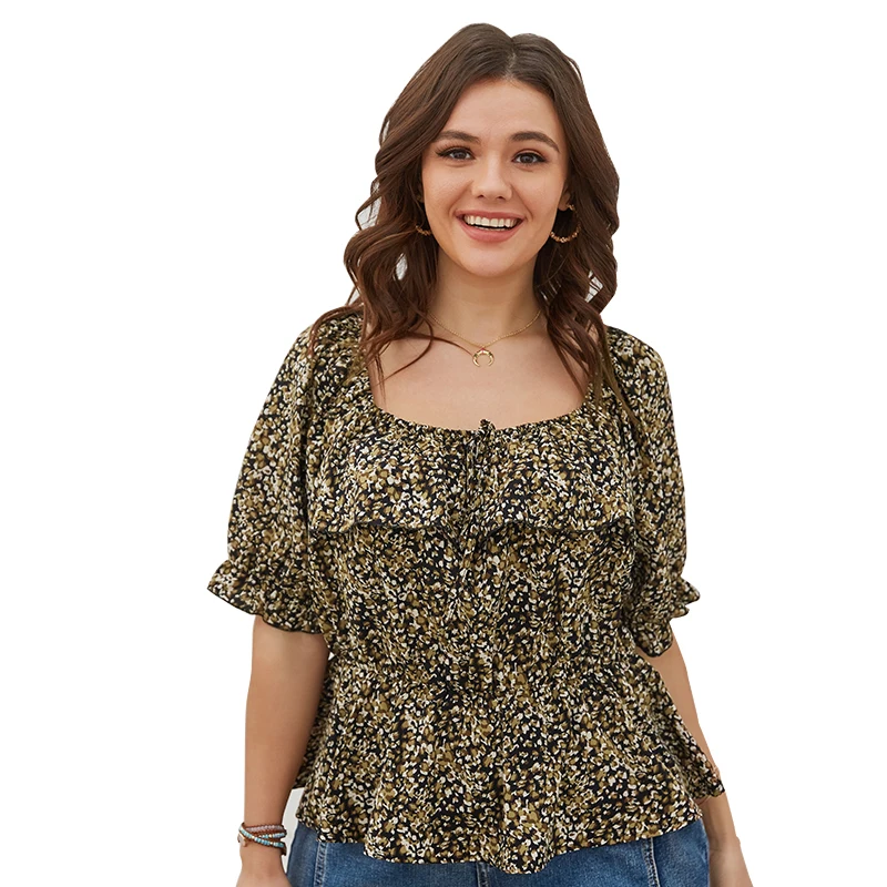 

Western Summer Women's NEW Floral Print Dress 2021 Plus Size 4XL Top Blouse Collar Short Bubble Sleeves Female Oversize Clothing