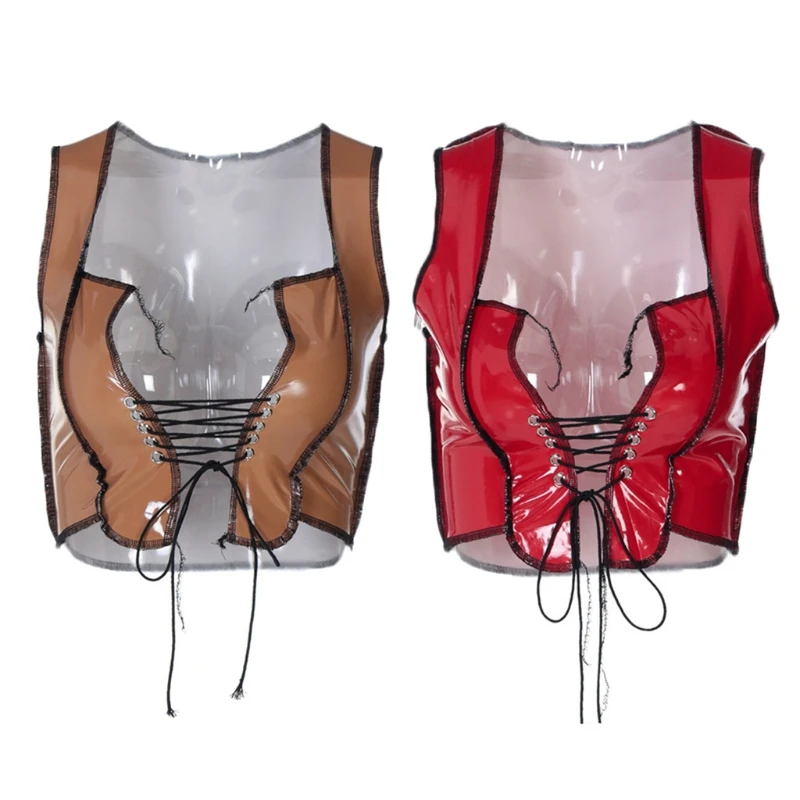 

Womens Sexy Faux Leather Sleeveless Crop Top V-Neck Crisscross Lace-Up Cami Vest