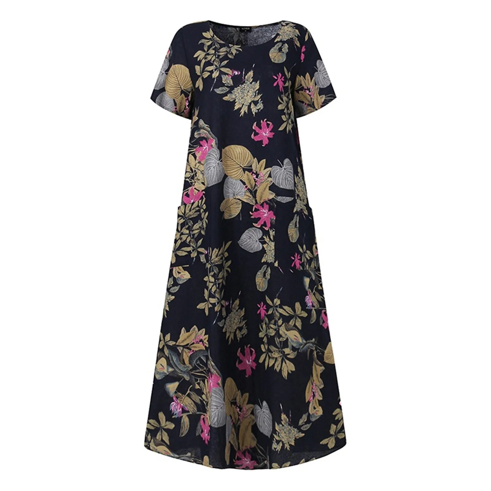 Женское длинное платье с круглым вырезом коротким рукавом и цветочным принтом |