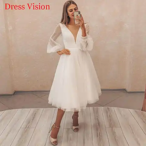 Vestido De Novia Deep V-neck Puffy Sleeve Short Wedding Dress Robe De Mariée Bride To Be Vestido De Fiesta De Boda suknia ślubna