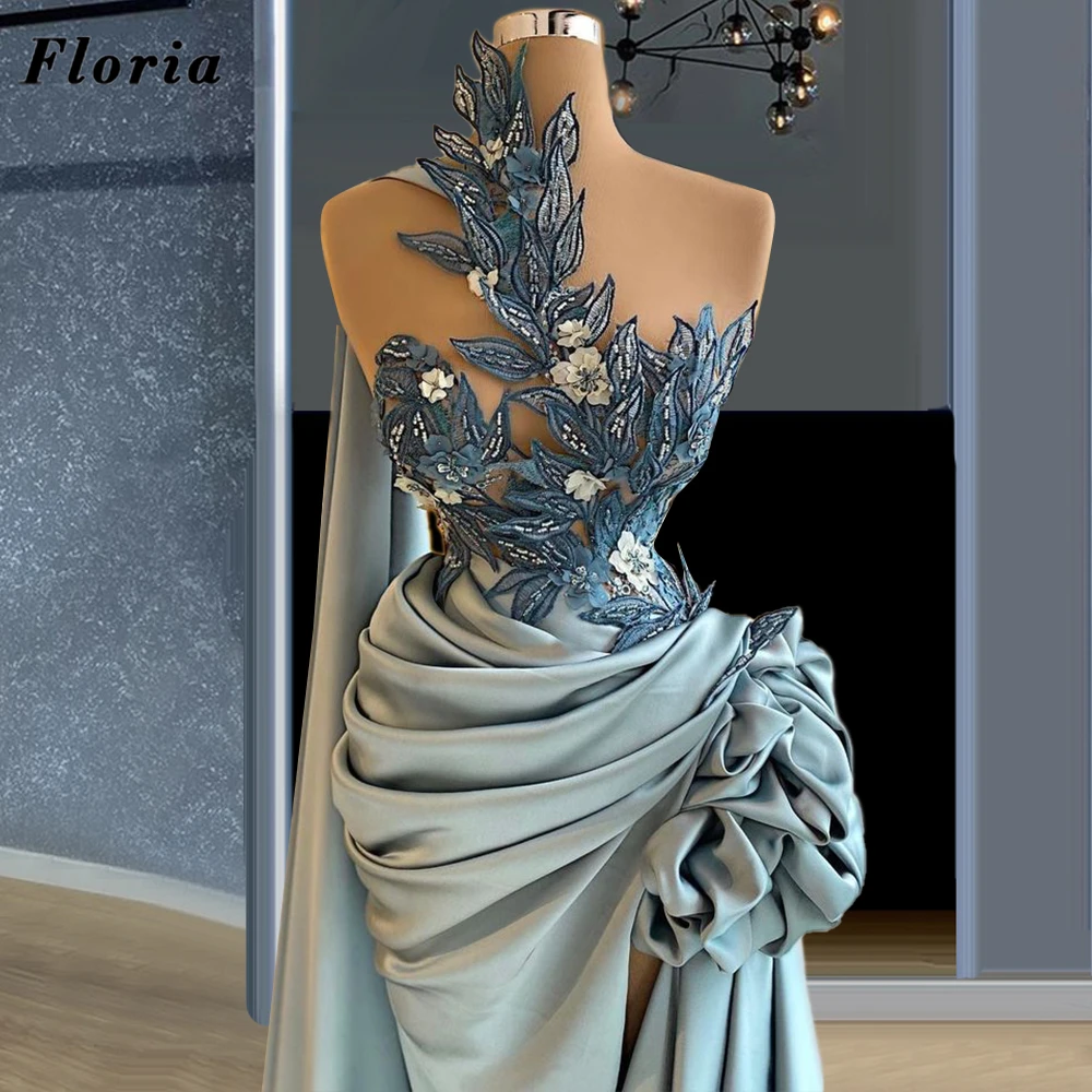 Elegant Arabic Blue Evening Dresses Party Gowns Saudi Arabic Appliques Beaded 2021 Plus Size Customized Dubai Prom Dress Robes