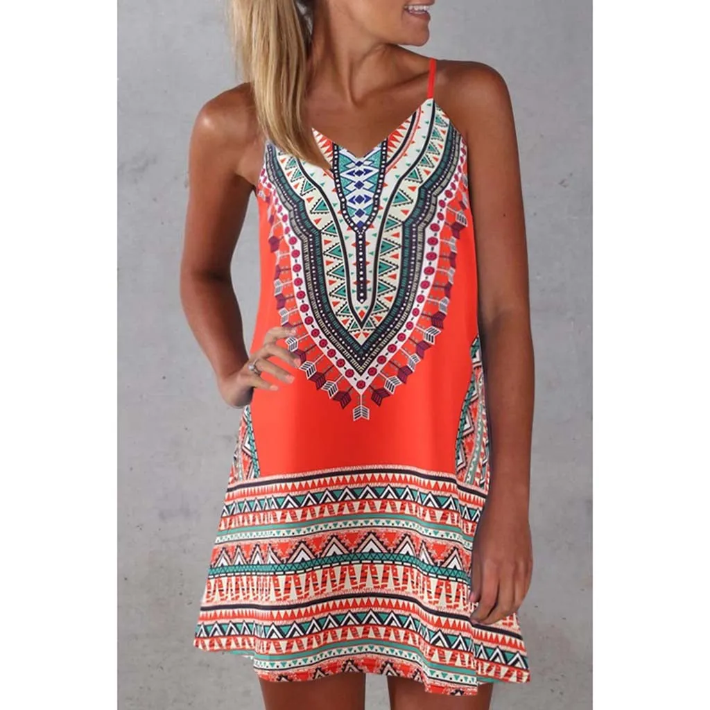 2020 Women Summer Dress Boho Style Block Floral Print V-neck Beach Tunic Sleeveless Loose Mini Party Vestidos#J3 | Женская одежда