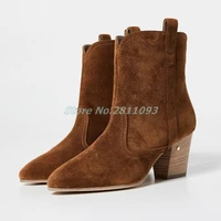 brown suede block heel ankle boots round toe vintage ankle booties wooden chunky heel slip on dress women sexy shoes custom made