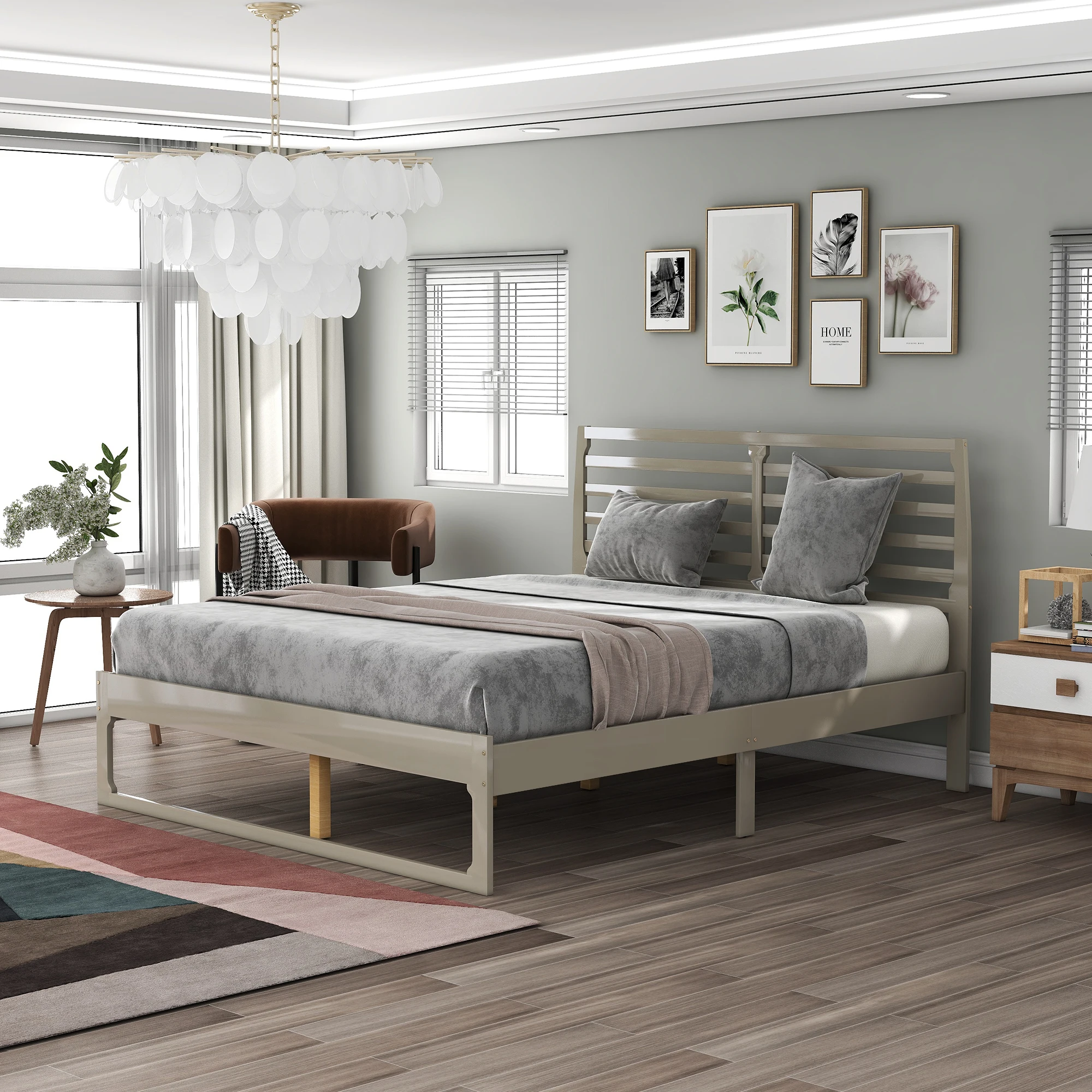

Queen Size Bed Frame Gray Bedroom Furniture Platform Bed Frame Modern Drop Shipping From US Warehouse