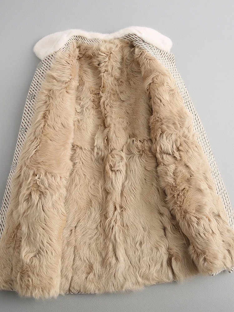 Женское твидовое пальто с подкладкой из меха ягненка теплое шерстяное