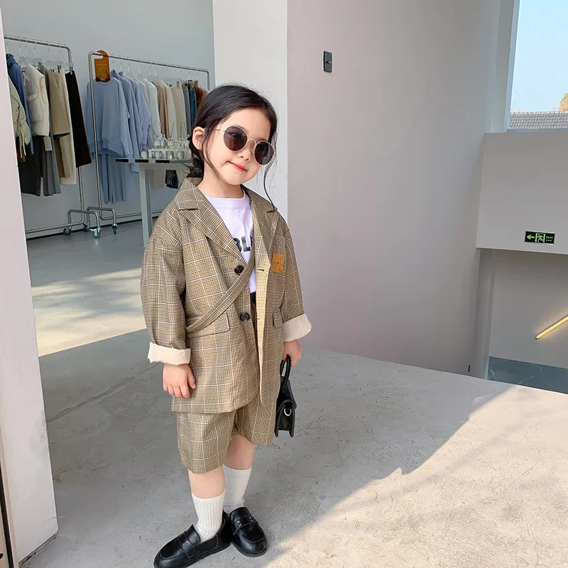 

Girls' Plaid suit two-piece set 2022 spring new Korean baby college style suit pants set 3-139
