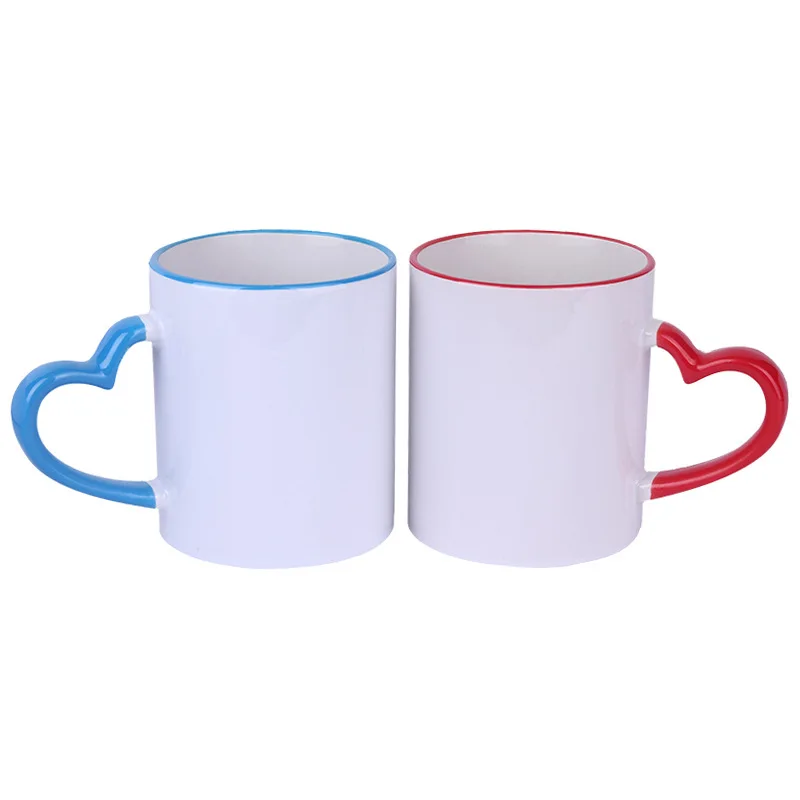 

100pcs DIY Sublimation Ceramic Mug with Heart Handle 320ml White Cups Colorful Inner Coating Special Coffee Pottery W0092