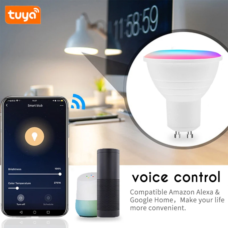 Просветильник для умного дома TUYA Wi-Fi 5 Вт RGB + CW цветная Регулируемая лампа
