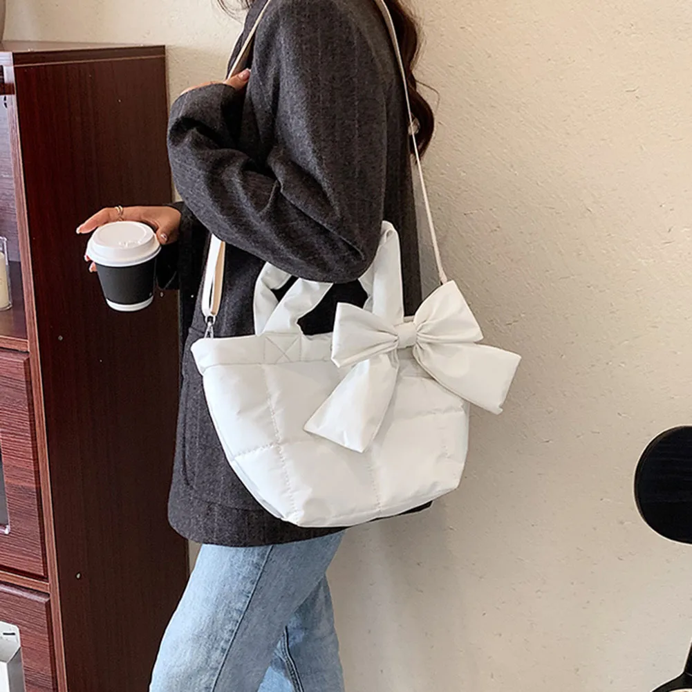 

Fashion Women's Quilted Cotton Padded Shoulder Crossbody Bow Design Bag Female Solid Color Small Luxury Designer Top-handle Bag