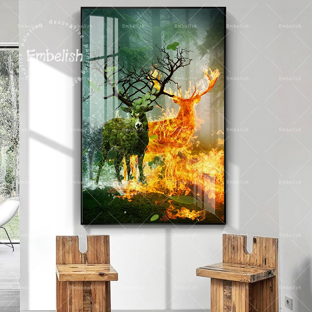 

Embelish Cool Wall Art Animals Pictures For Living Room Green And Fire Deer Home Decor HD Canvas Oil Paintings Wall Art Posters