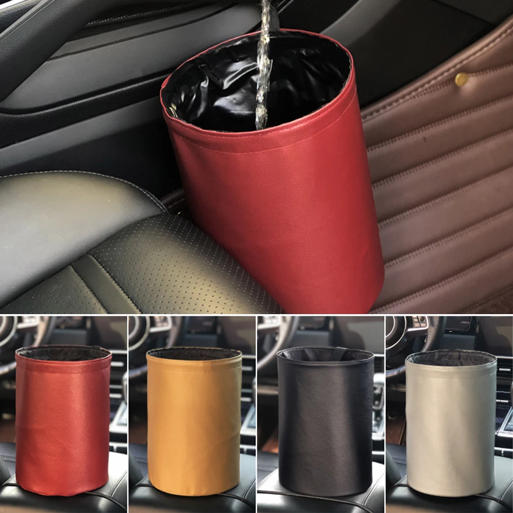 

Foldable Car Trash Can Waterproof Leather Leak-proof Car Trash Bucket Hanging Trash Bin Multifunctional Car Interior Storage