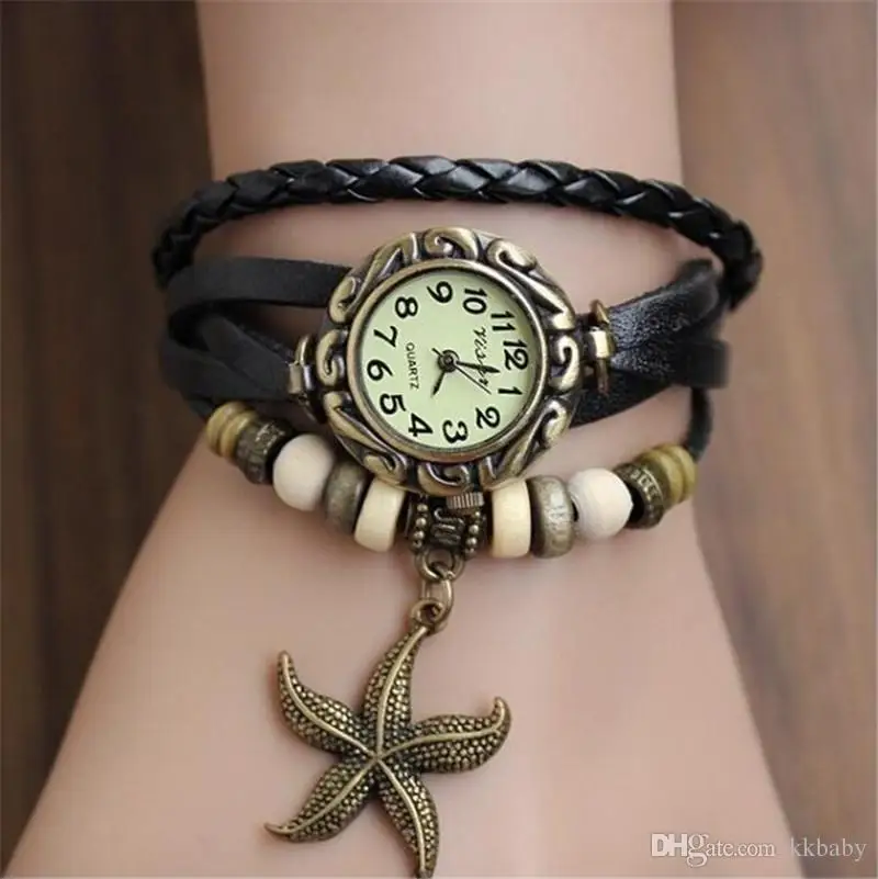 

Fashion Vintage Victorian Style Starfish Leather Watch Hour Genuine Leather Cuff Bracelet Watch for Ladies Girls Women