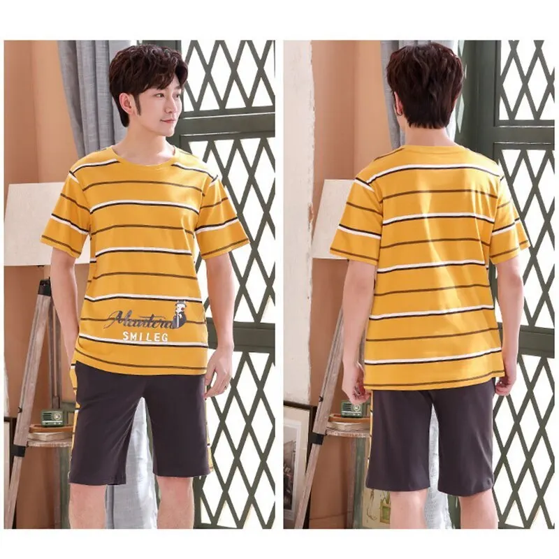 

New O-Neck Full Cotton Mens Summer Short Sleeve Shorts Pajamas Set Big Size L-3XL Sleepwear Leisure Suits Nightwear Men Pijamas