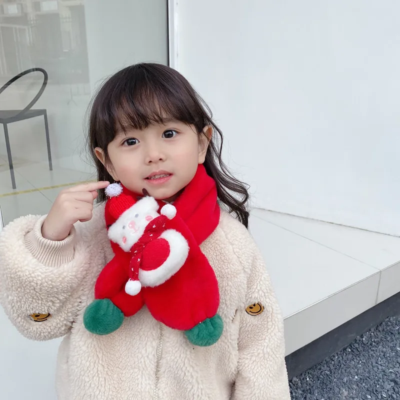 

2022 Cartoon Snowman Kids Christmas Scarf For Boys Girls Winter Warm Velvet Collar Neck Cross Ring Scarf Children Scarves 1-10T