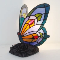 table light lamp with wire plug tiffany stained glass shade butterfly design retro vintage style nightstand bedroom reading desk