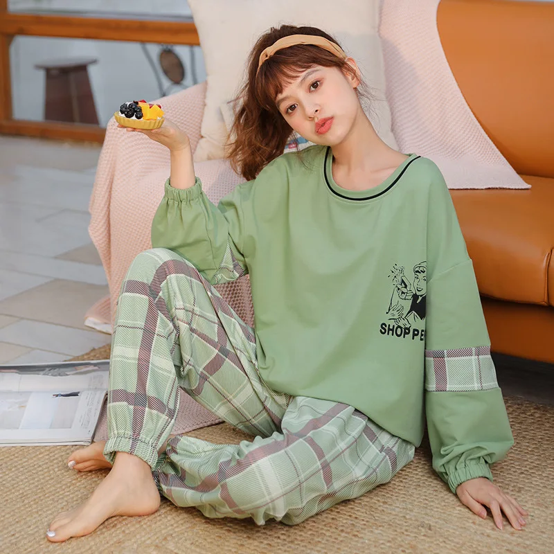 Spring Autumn New Pajamas Women's Nightgown & Sleepstirts Plaid Comfortable Home Wear Loose 2Pcs Suit Sleepwear Full Length