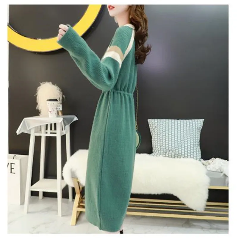 

Fashion Women Sweater Dress Spring 2020 Long Knitted Dress Pullovers With Belt Female O-Neck Slim Warm Knitwear Femme New M388