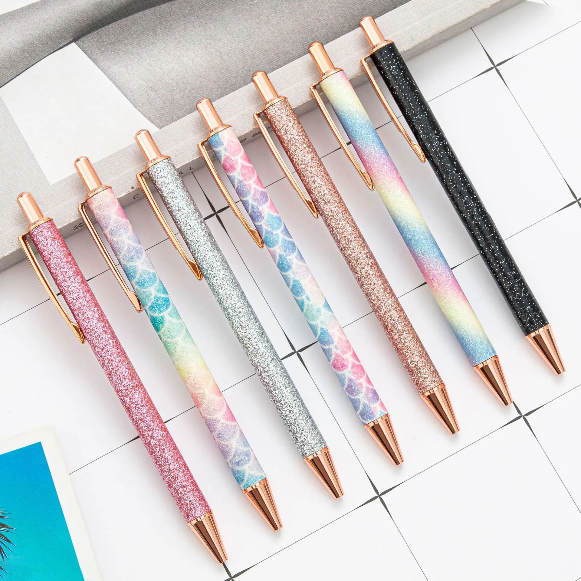 

Shiny Glitter Roller Cute Ballpoint Pens Sparkly Rose Gold Click Ball Pens Metal Retractable Pen Stationery School Office Supply