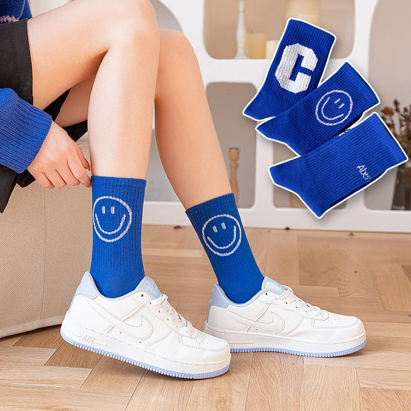 Klein Blue Socks Fashion Letter Smiley Women's Cotton Knee High Socks Women Retro Style Casual  Street Sports Harajuku Socks