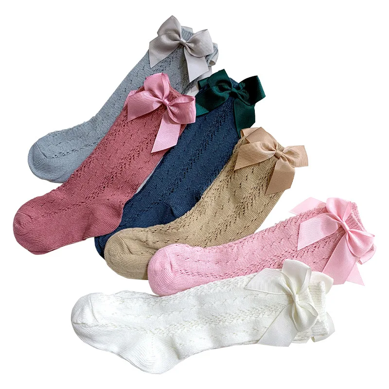 Calcetines antideslizantes de princesa para ni&ntilde;as, medias hasta la rodilla con lazo, para primavera y verano, 6 pares-0