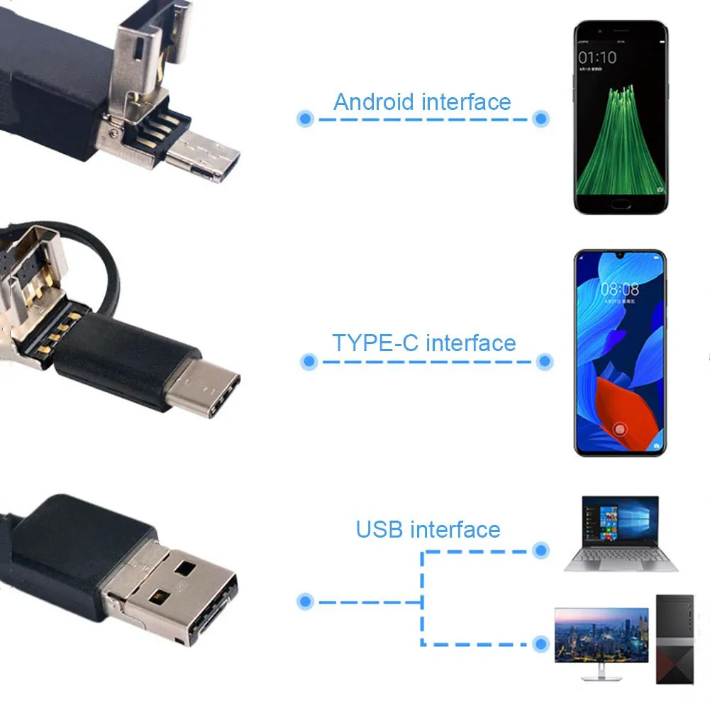 

720P 3IN1 Dual USB Endoscope Camera 2m 5m 10m Hard Cable Snake Inspection Camera 8mm 6 LED Borescope for Android PC Endoscope
