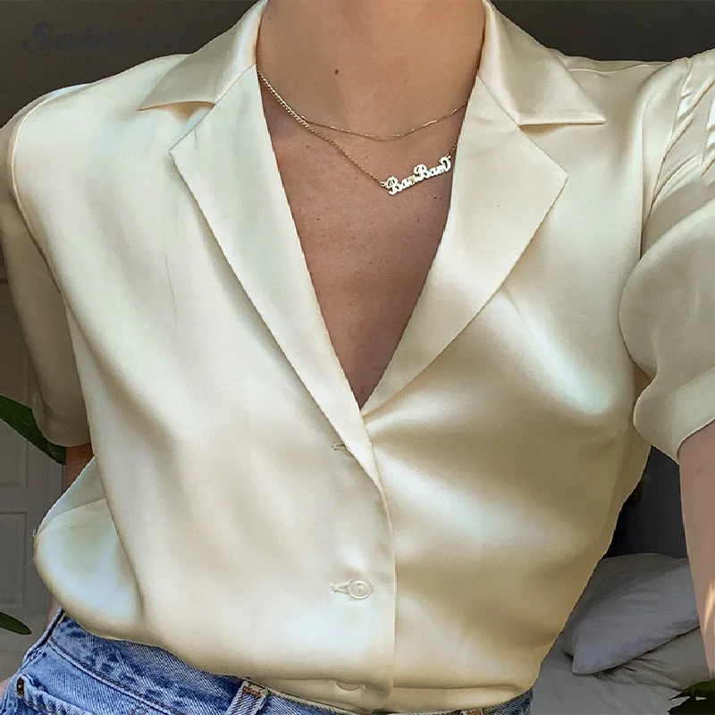 

2021 Office Lady Short V-neck Satin Shirt Turn-down Collar Short Sleeve Button Tops Blusas Solid New Fashion Casual Blouse