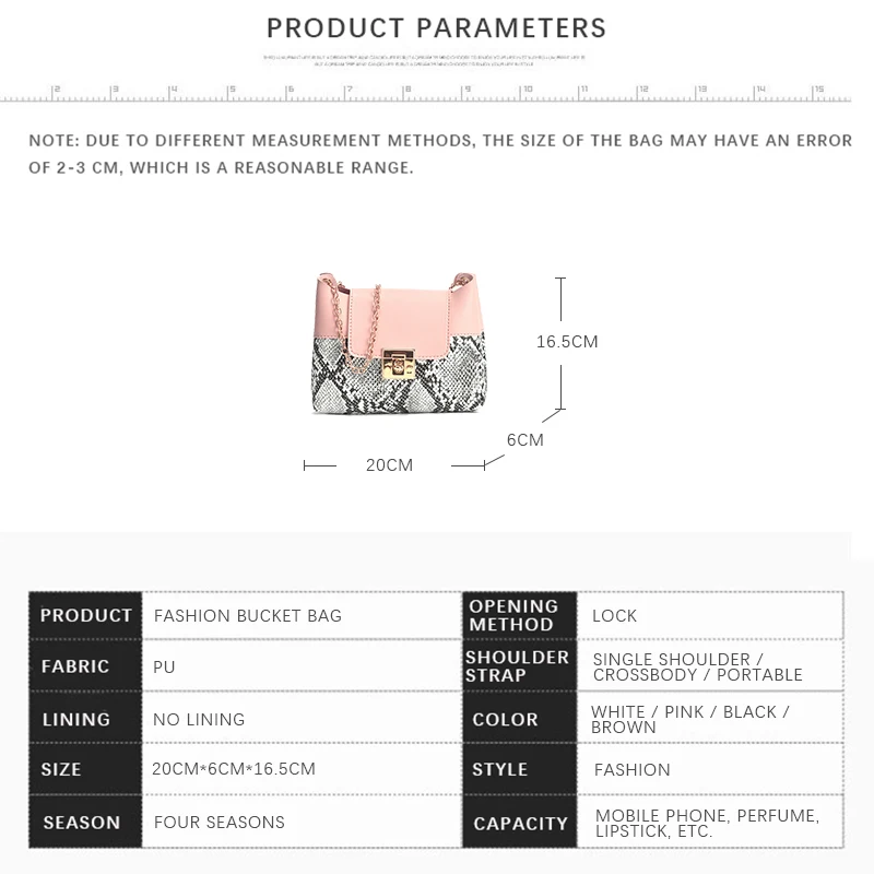 

New Arrival Fashion Ladies Handbag Casual Sling Chain Crossbody Shoulder Travel Serpentine PU Bucket Bags Brown/White/Black/Pink