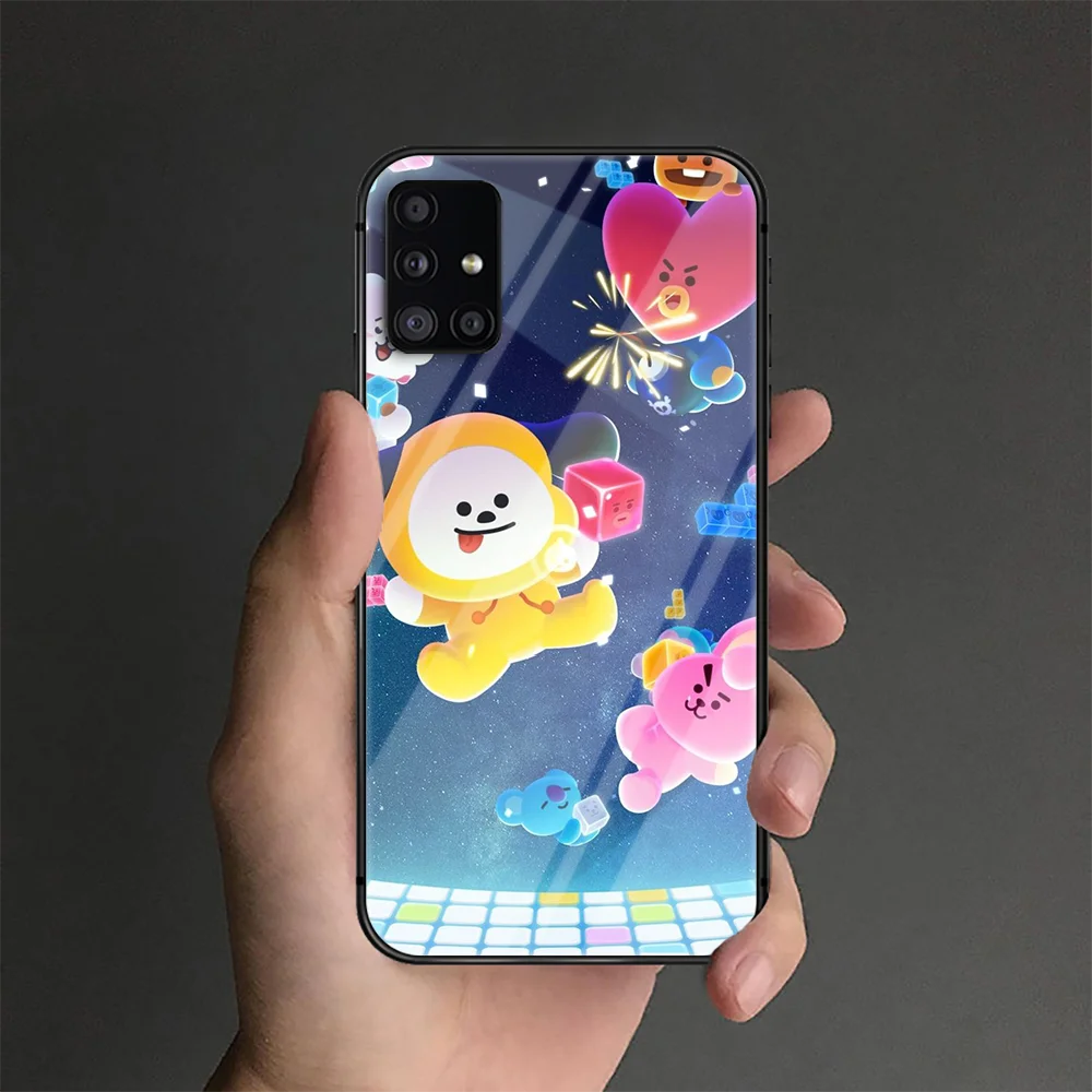 

Cute BT21 Cartoon Phone Tempered Glass Case Cover For Samsung Galaxy S Note 5 6 9 10 10E 20 21 FE Plus Uitra