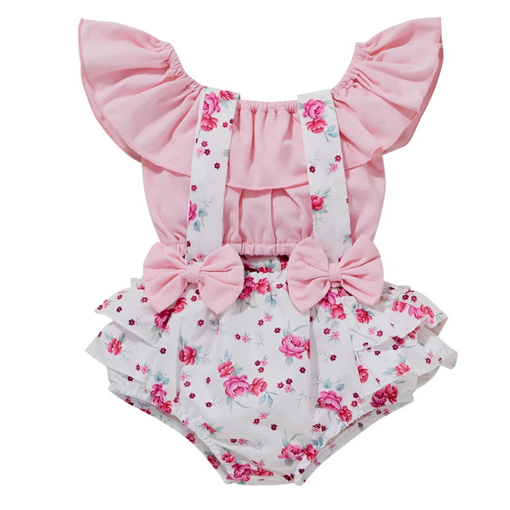 

Newborn Infant Baby Girls Clothes Ruffle Short Sleeve Romper Bow Striped Floral Shorts Outfit Casual Babies Two-pieces Set