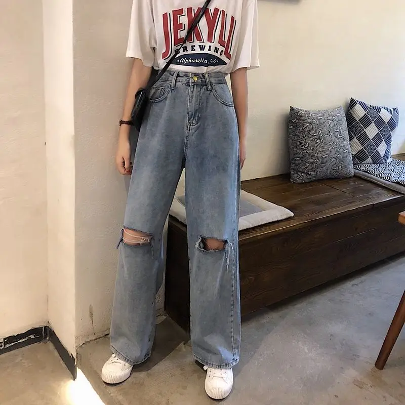 Vintage Ripped Straight Jeans for Women  Hole Jean Female Denim Pencil Pants Streetwear Boyfriend Loose Wide-leg Jeans Pants