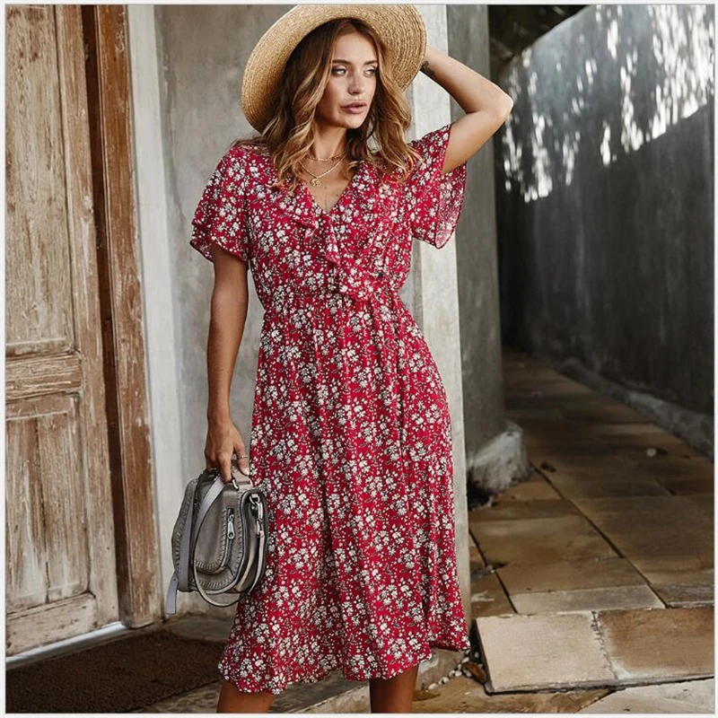 

Women Dress 2020 New Summer Boho Style Floral Print V-Neck Dress Women Vacation Beach Dresses Ladies Vestidos de fiesta R542