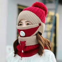 women knitted hat scarf mask set female autumn winter ear flap beanie bonnet neck warm woolen velvet bib outdoor casual ski caps
